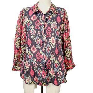 Forever That Girl Anthropologie Top M Red Multi Southwestern Aztec Button Blouse